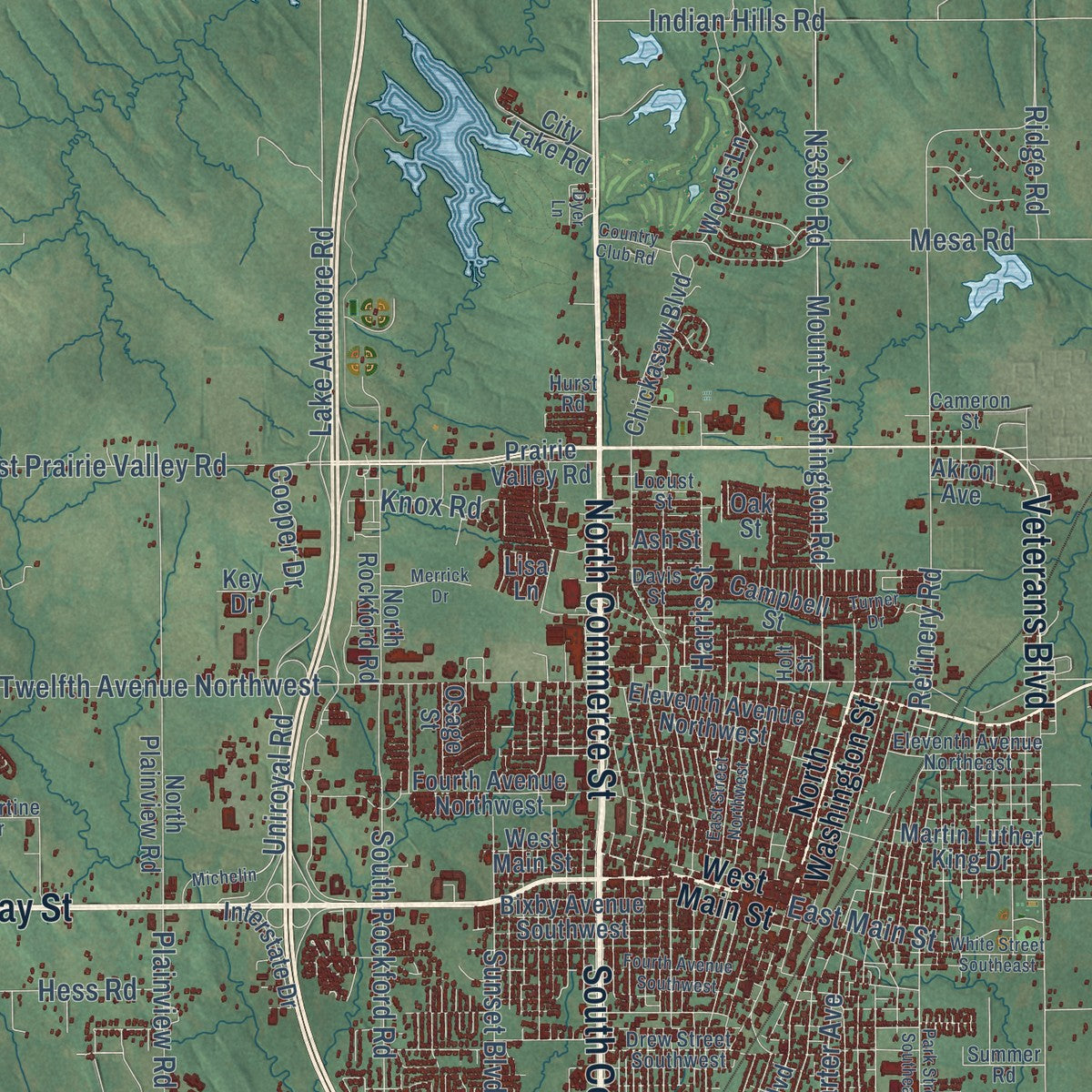 Close-up of the map of Ardmore, Oklahoma print showing street and building detail