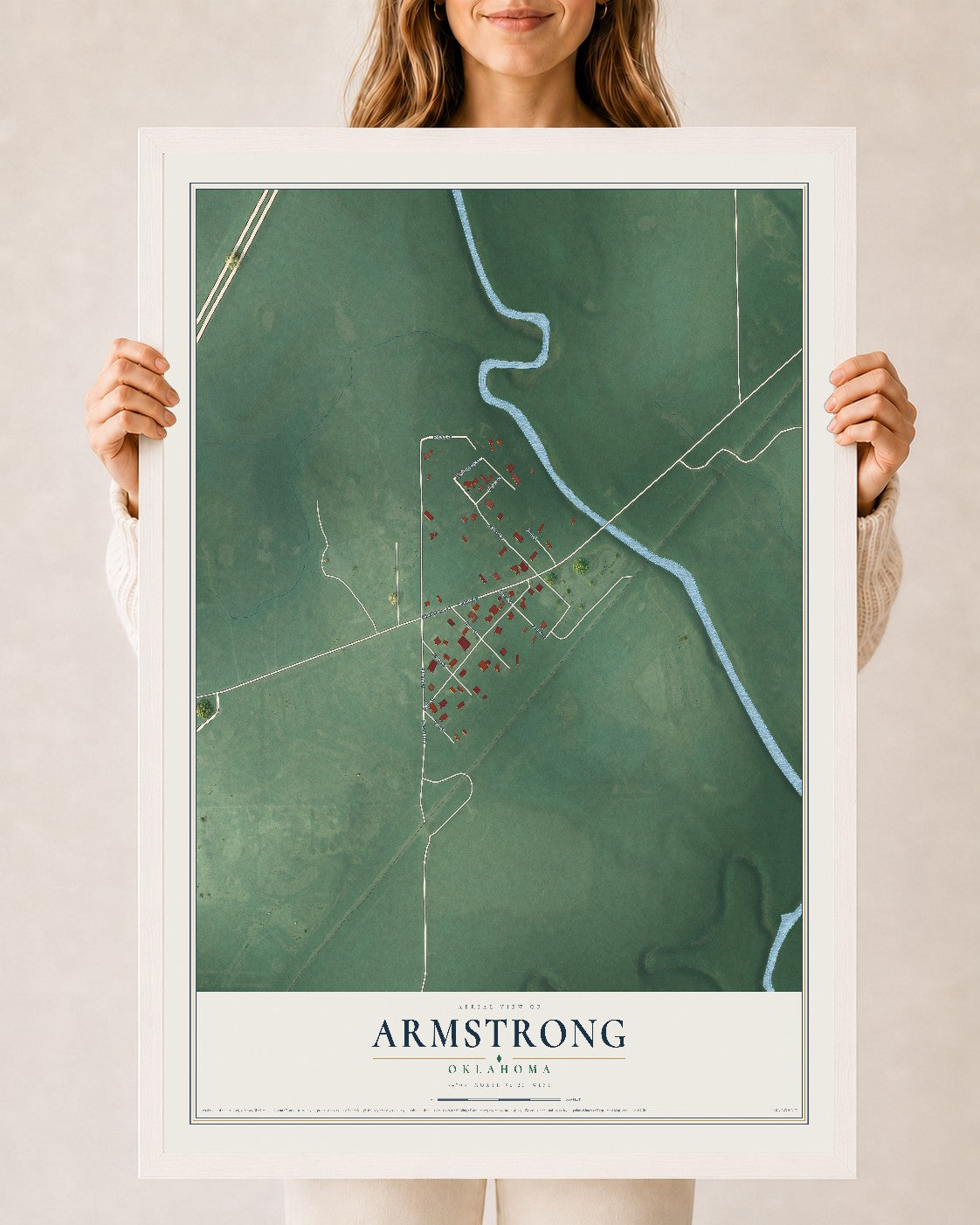 Map of Armstrong, Oklahoma, 24 x 36 inch print in a white wood frame