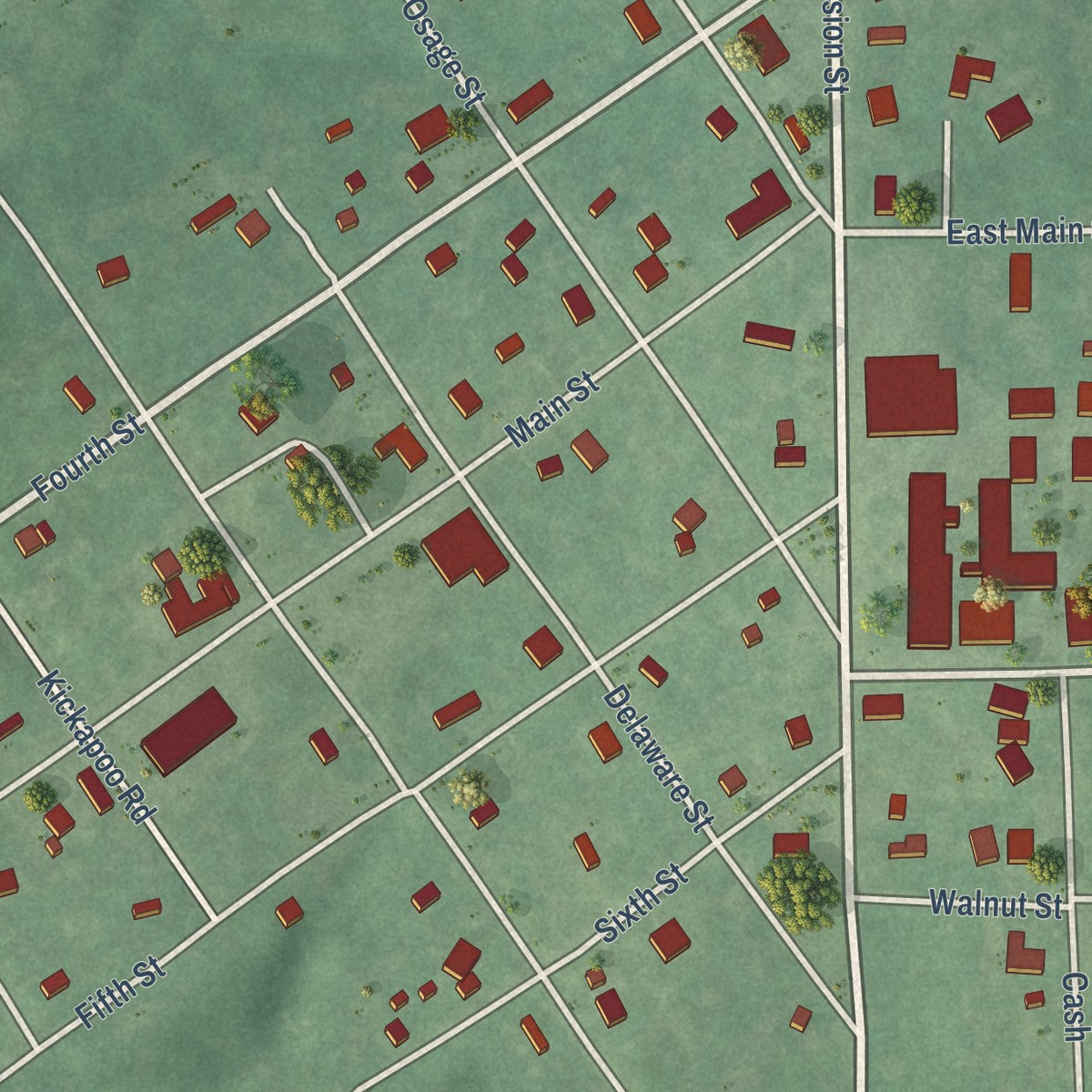 Close-up of the map of Asher, Oklahoma print showing street and building detail