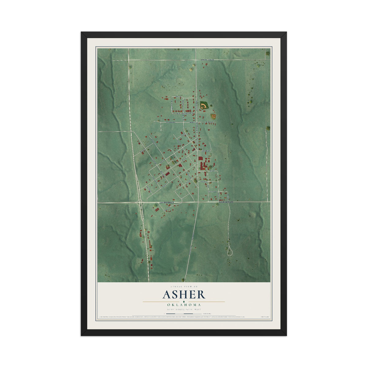 Map of Asher, Oklahoma, 12 x 18 inch print in a black wood frame