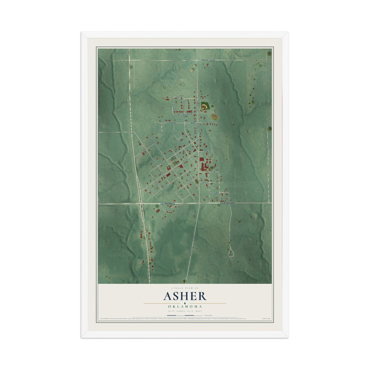 Map of Asher, Oklahoma, 12 x 18 inch print in a white wood frame