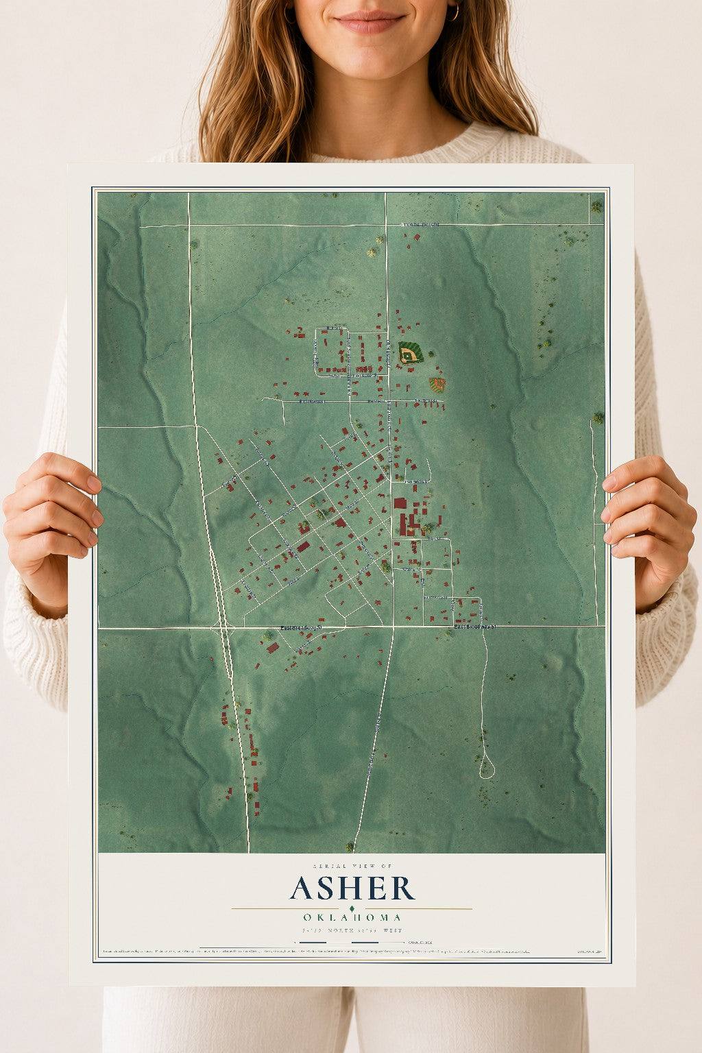 Map of Asher, Oklahoma, 18 x 24 inch unframed archival matte print