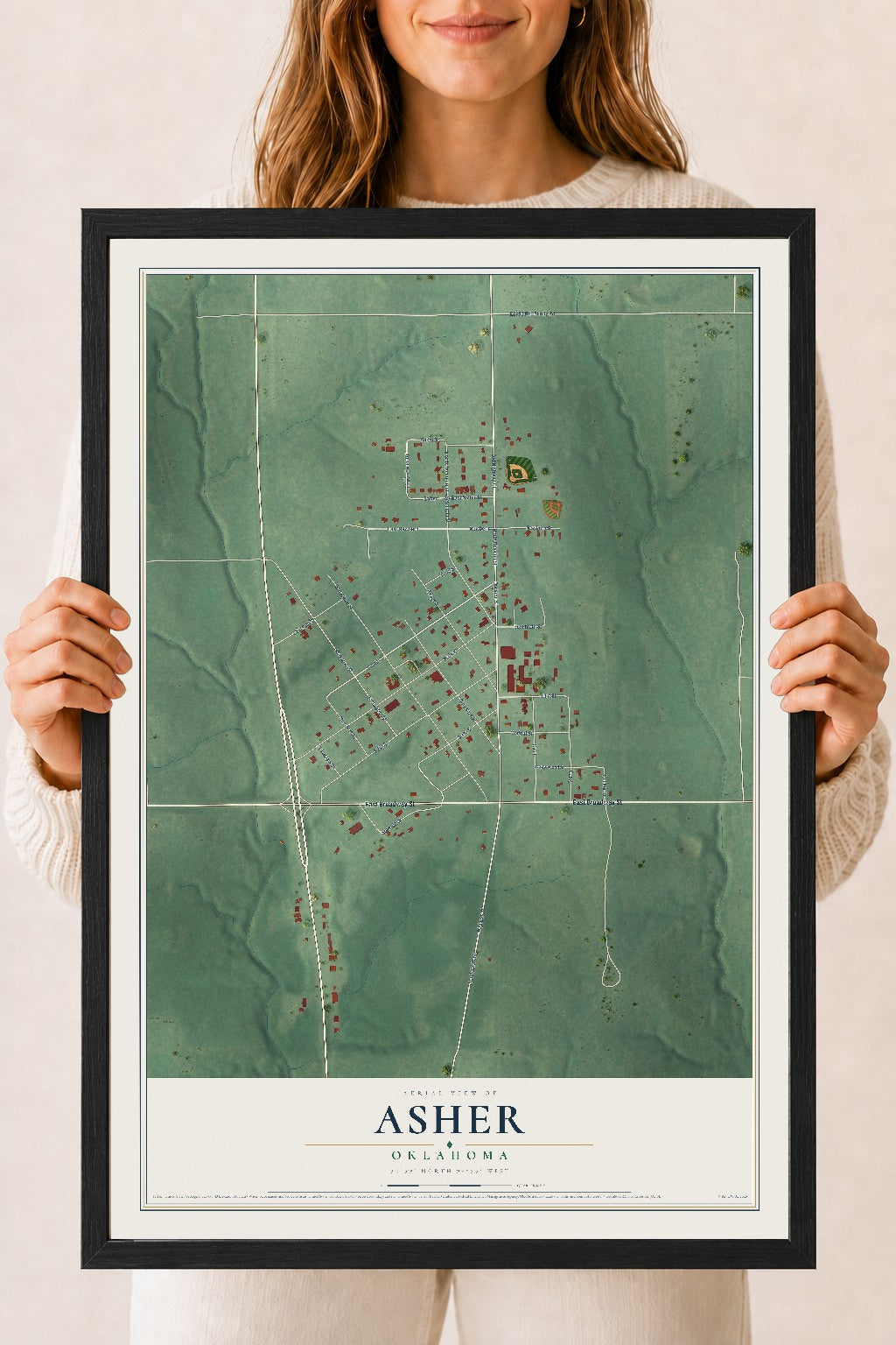 Map of Asher, Oklahoma, 18 x 24 inch print in a black wood frame