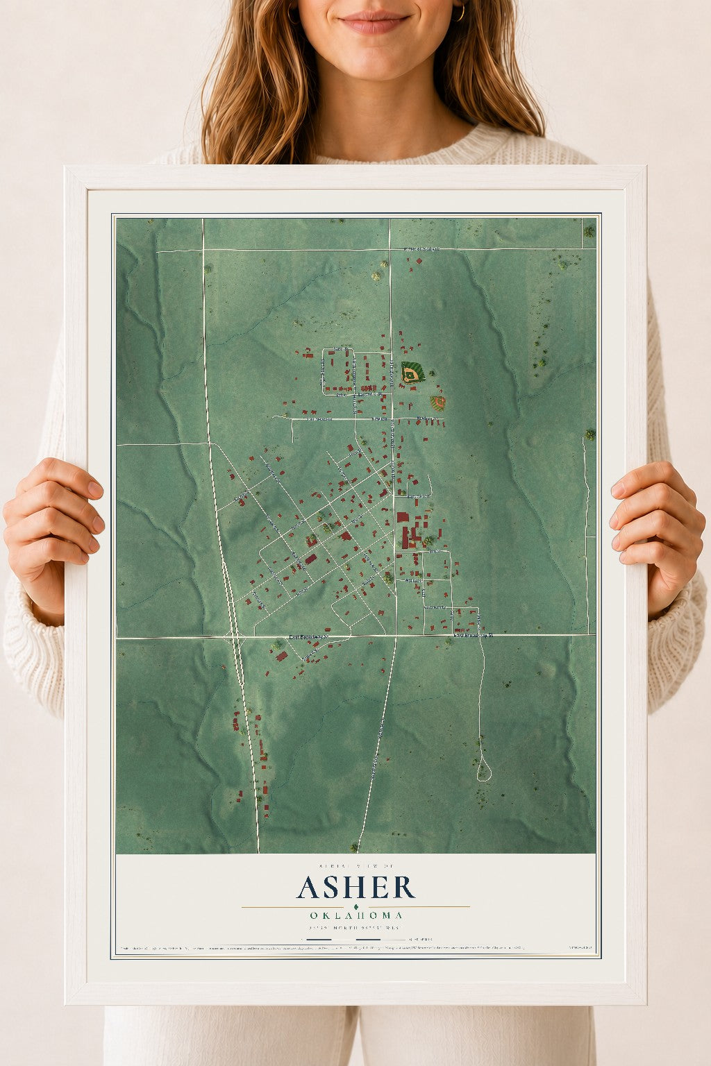 Map of Asher, Oklahoma, 18 x 24 inch print in a white wood frame