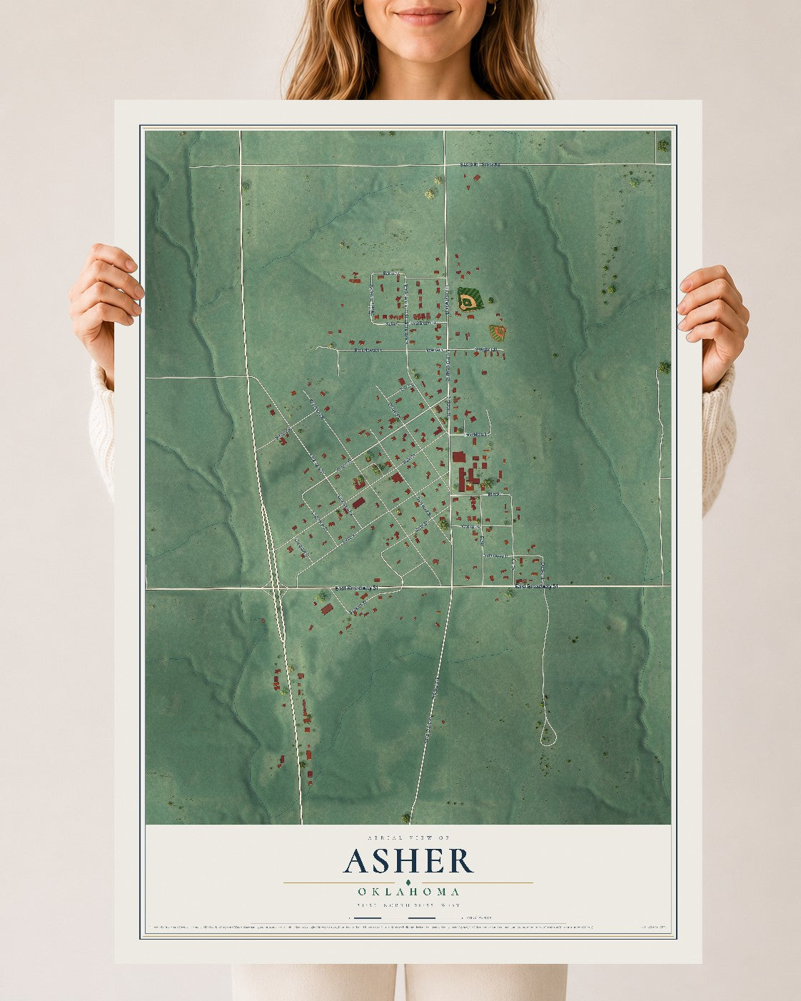 Map of Asher, Oklahoma, 24 x 36 inch unframed archival matte print