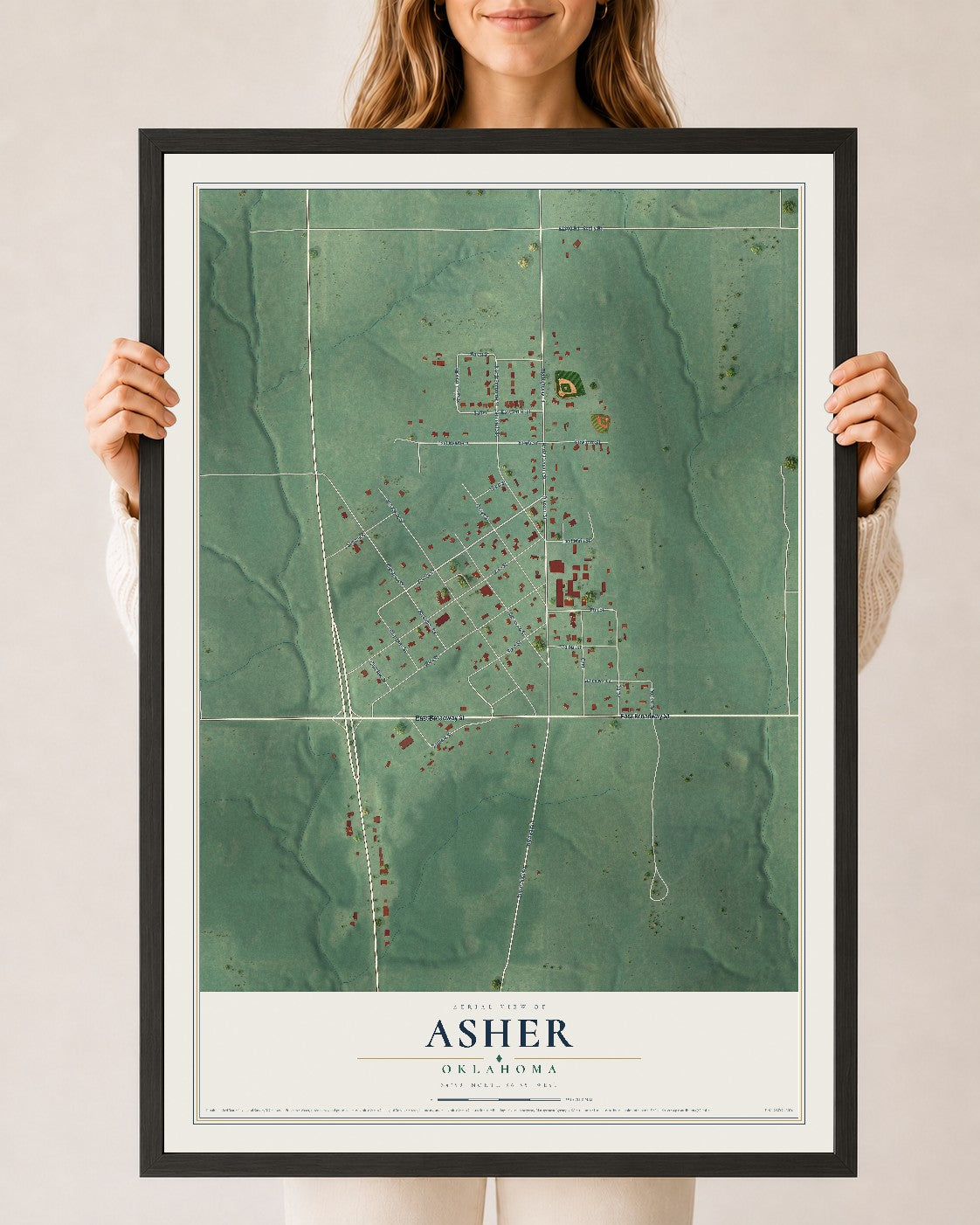 Map of Asher, Oklahoma, 24 x 36 inch print in a black wood frame