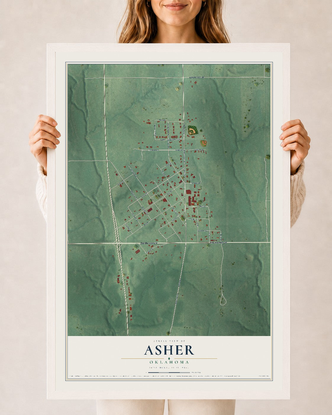 Map of Asher, Oklahoma, 24 x 36 inch print in a white wood frame