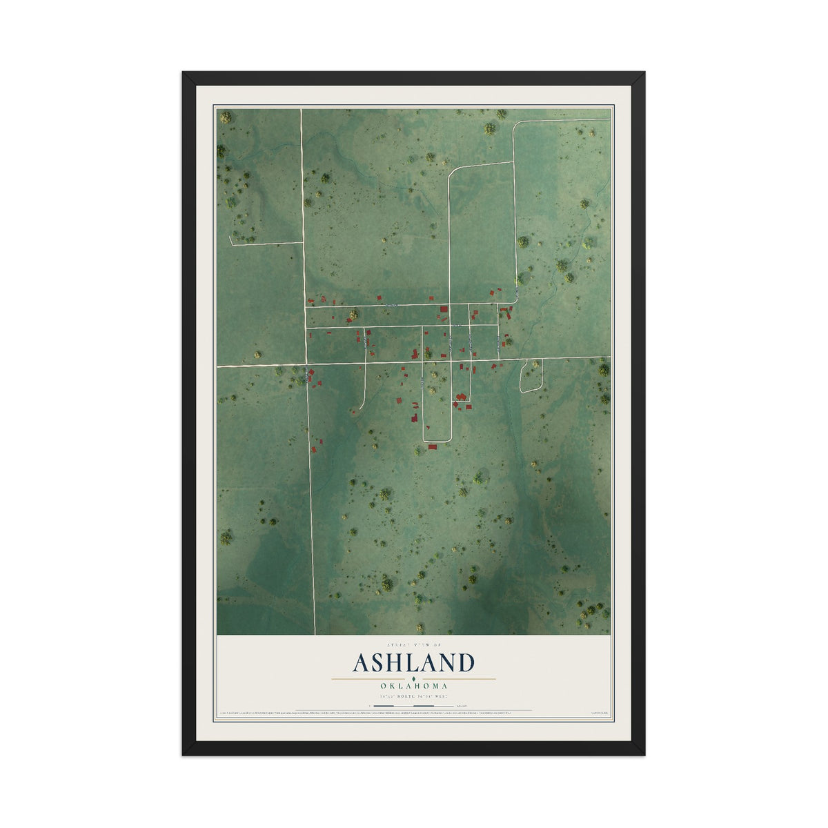 Map of Ashland, Oklahoma, 12 x 18 inch print in a black wood frame