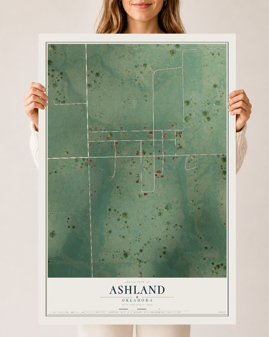 Map of Ashland, Oklahoma, 24 x 36 inch unframed archival matte print