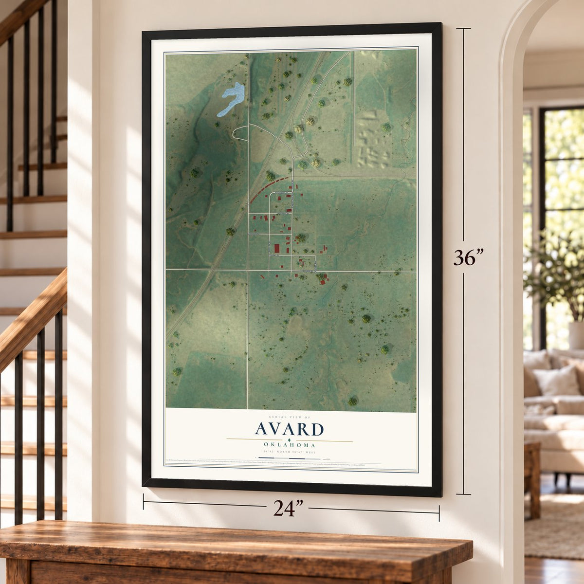 Avard, Oklahoma map, 24 x 36 inch print in a black frame by a staircase