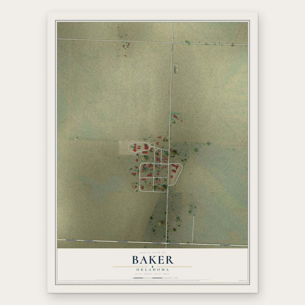 Baker, Oklahoma map print, the full design