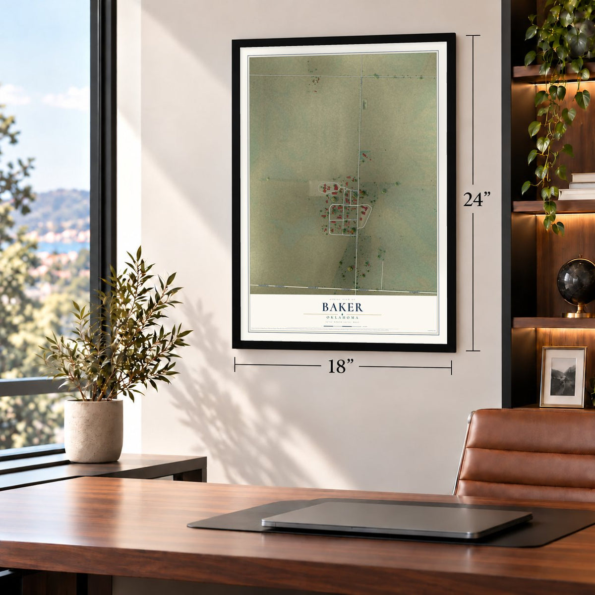 Baker, Oklahoma map, 18 x 24 inch print in a black frame in a home office