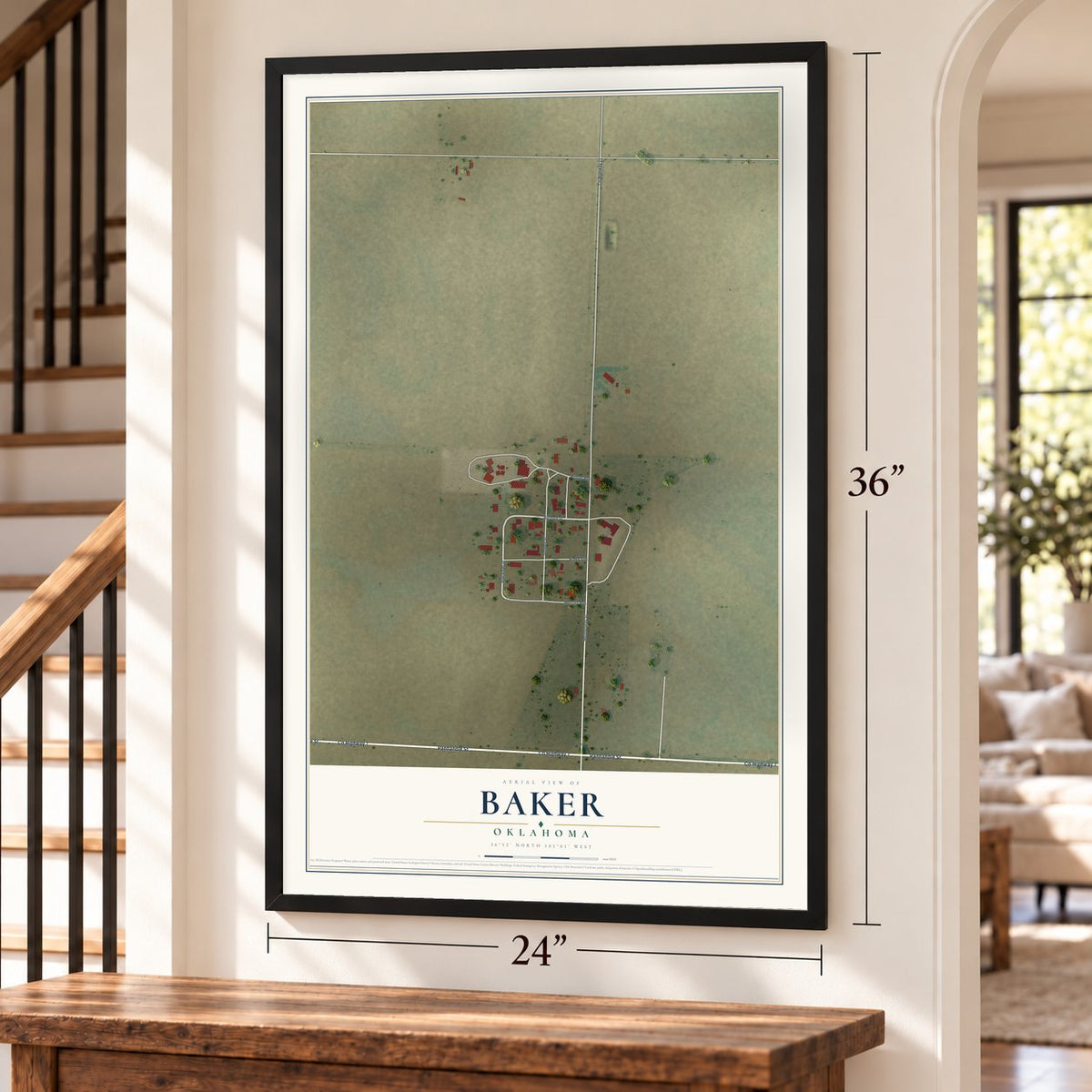 Baker, Oklahoma map, 24 x 36 inch print in a black frame by a staircase