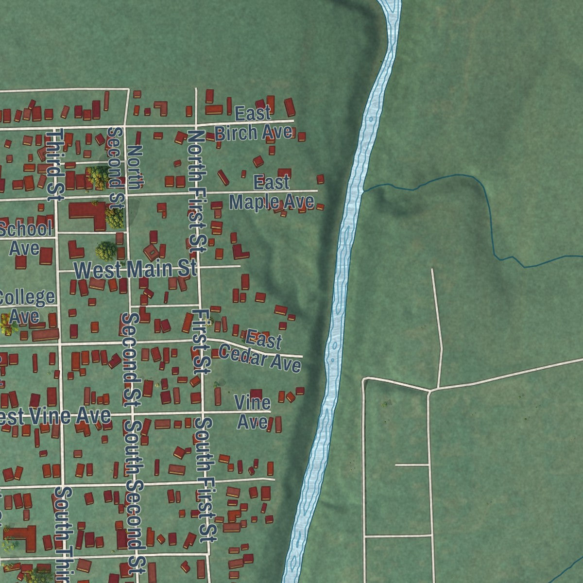 Second close-up of the map of Barnsdall, Oklahoma print showing more streets and buildings