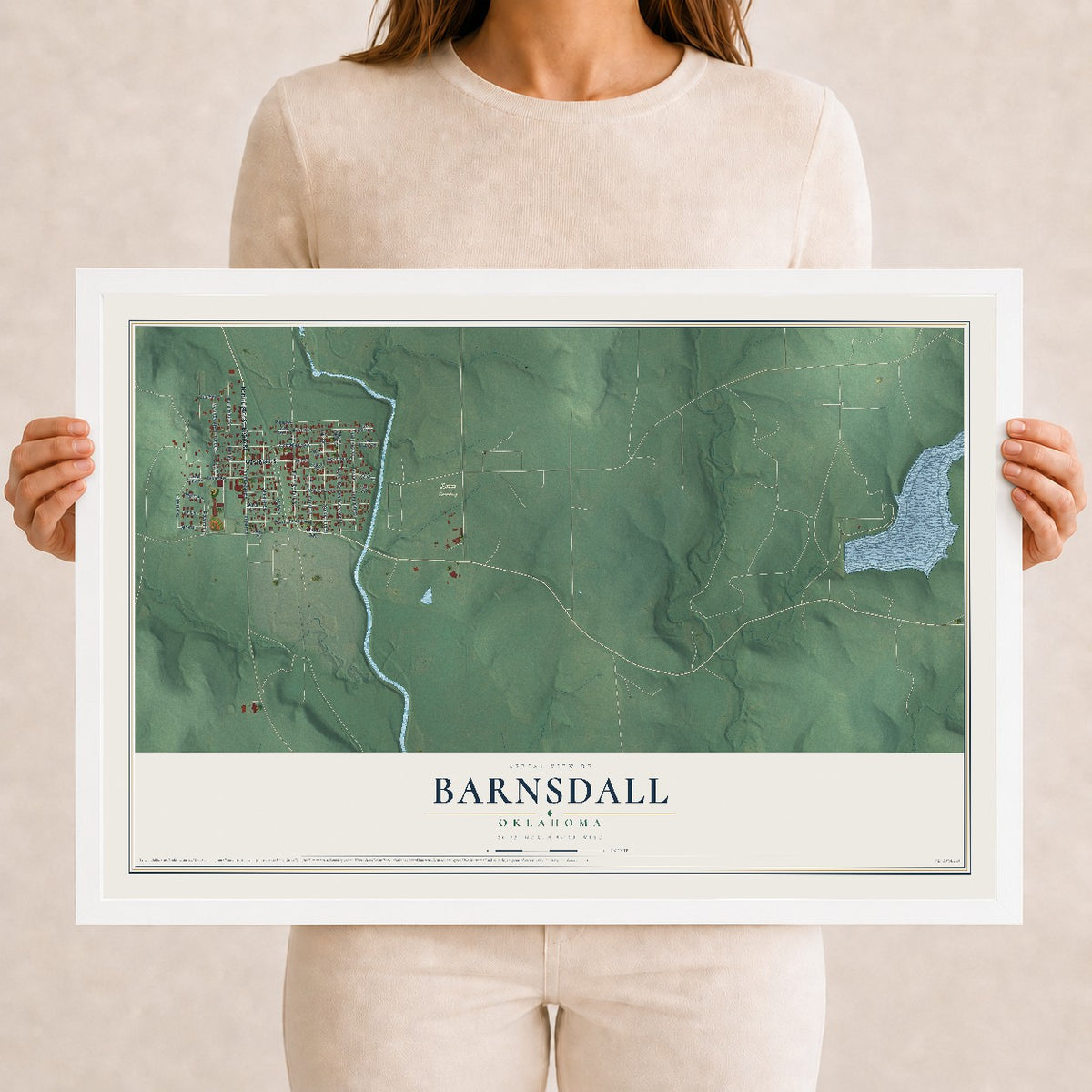 Map of Barnsdall, Oklahoma, 12 x 18 inch print in a white wood frame