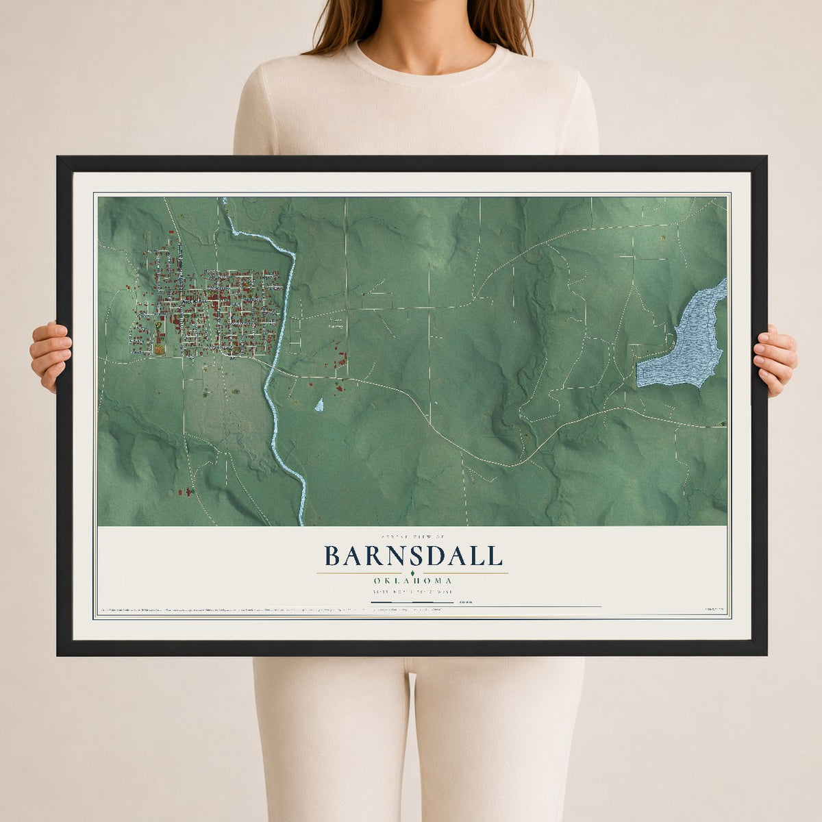 Map of Barnsdall, Oklahoma, 24 x 36 inch print in a black wood frame