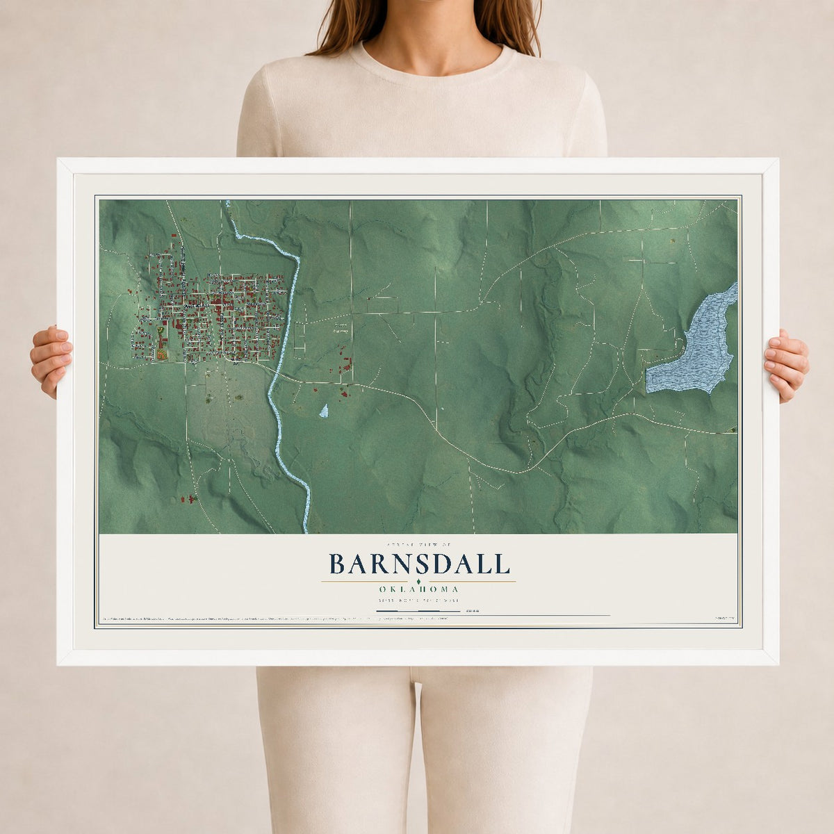Map of Barnsdall, Oklahoma, 24 x 36 inch print in a white wood frame