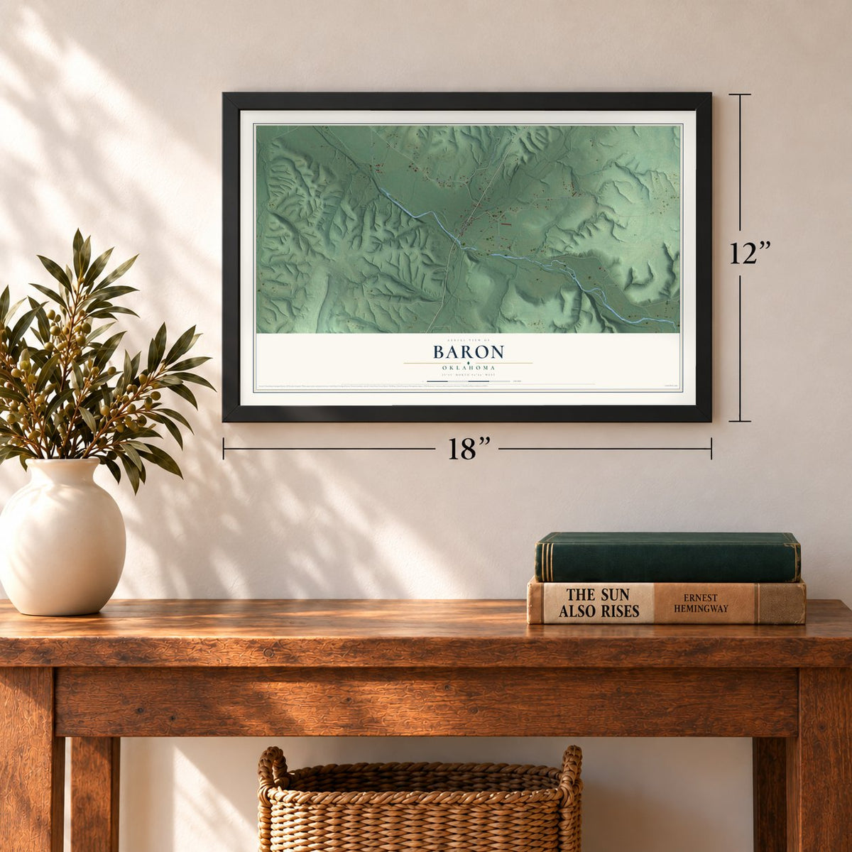Baron, Oklahoma map, 12 x 18 inch print in a black frame in an entryway