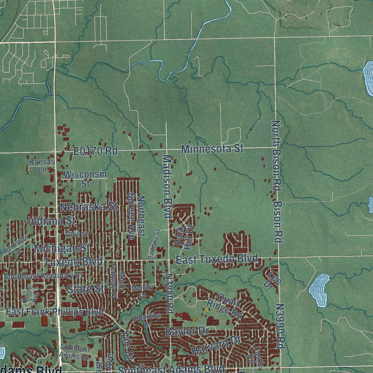 Second close-up of the map of Bartlesville, Oklahoma print showing more streets and buildings