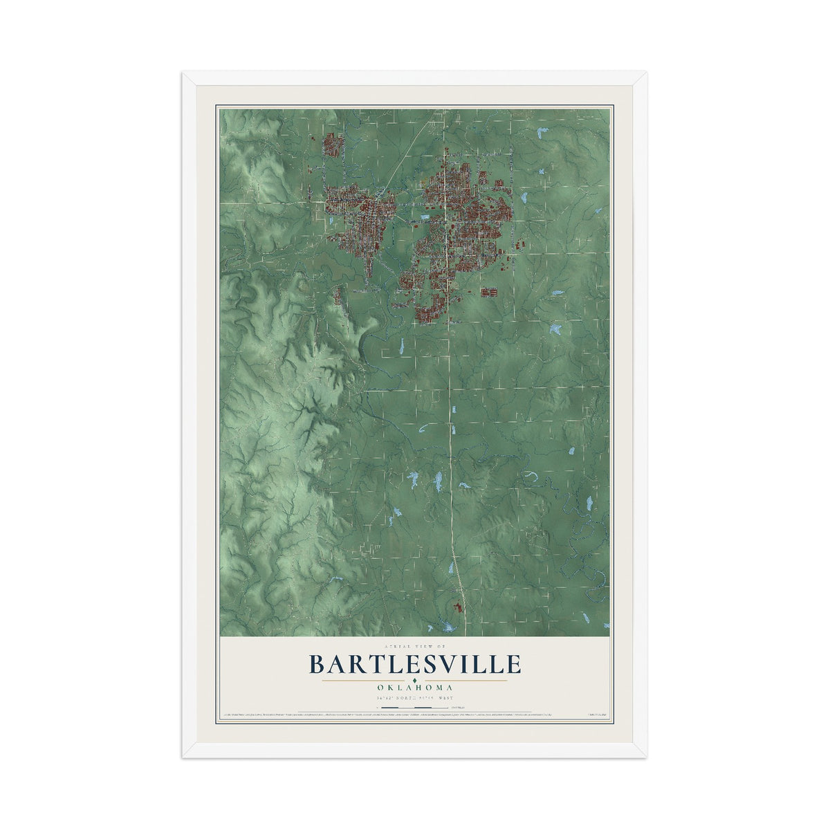 Map of Bartlesville, Oklahoma, 12 x 18 inch print in a white wood frame