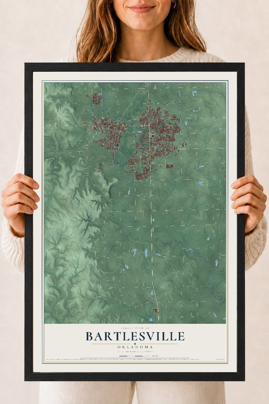 Map of Bartlesville, Oklahoma, 18 x 24 inch print in a black wood frame