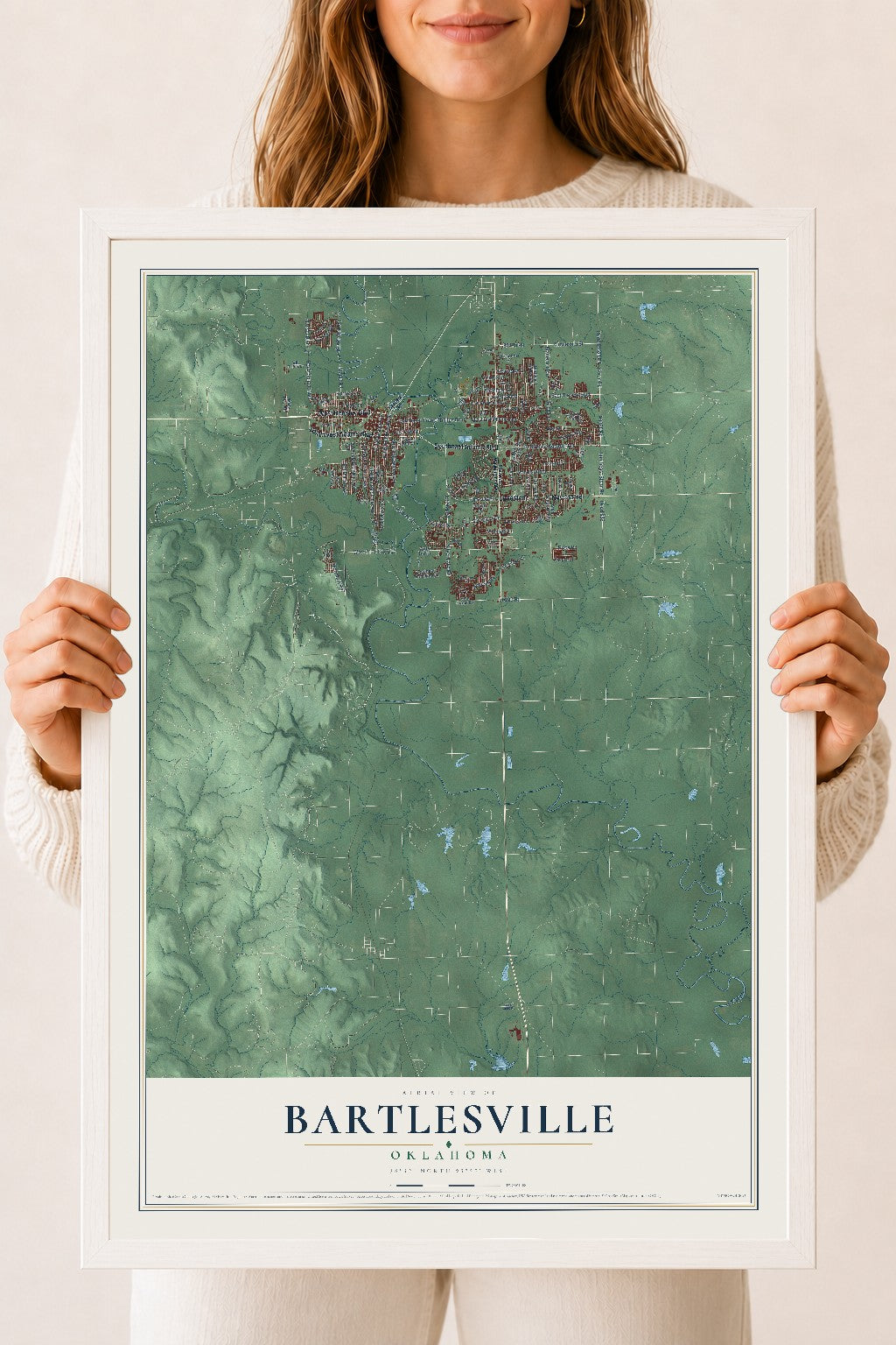 Map of Bartlesville, Oklahoma, 18 x 24 inch print in a white wood frame