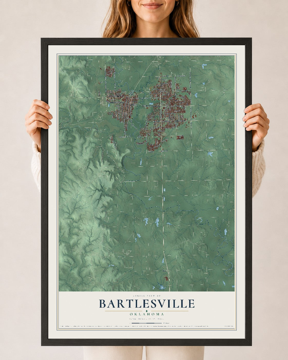 Map of Bartlesville, Oklahoma, 24 x 36 inch print in a black wood frame
