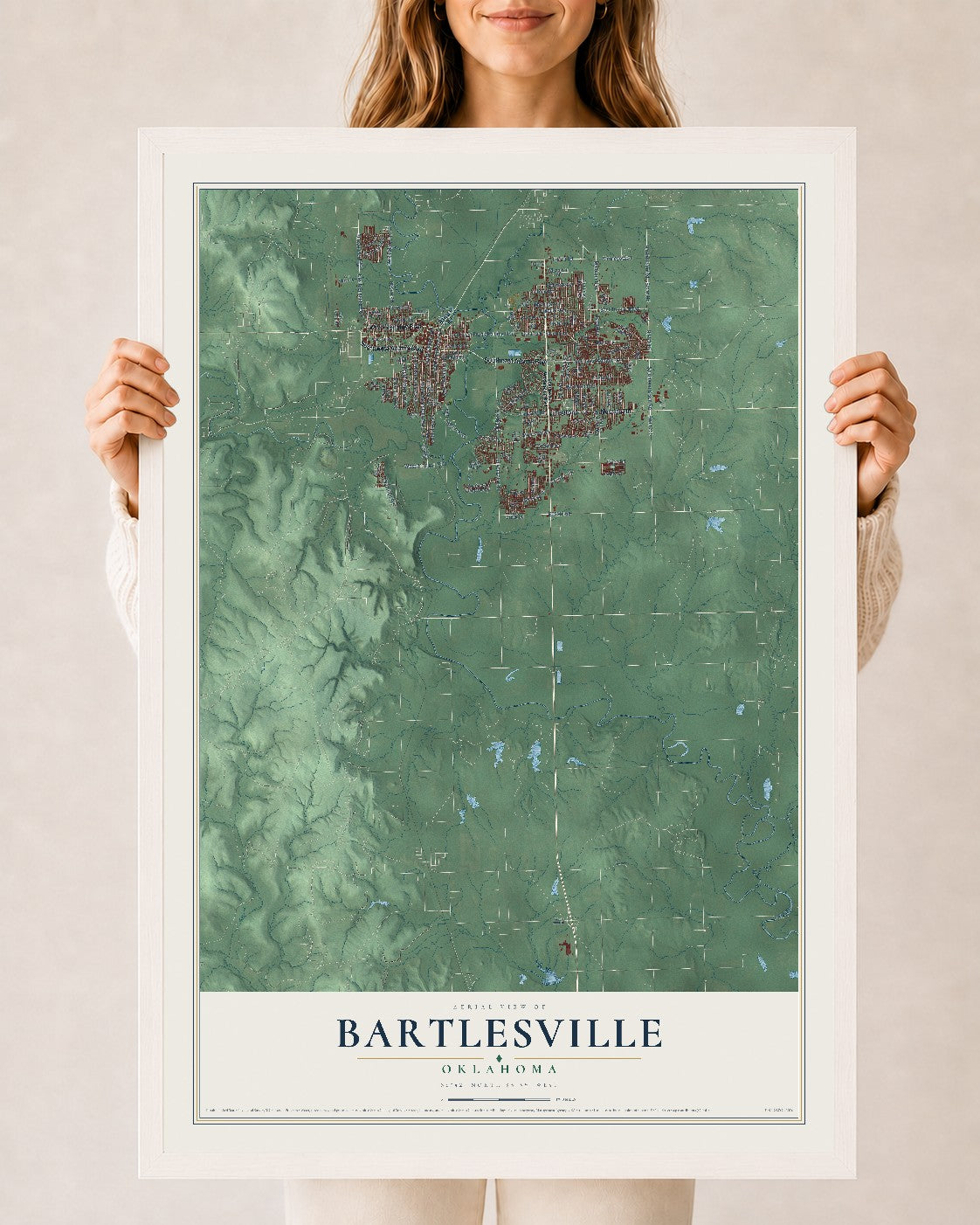 Map of Bartlesville, Oklahoma, 24 x 36 inch print in a white wood frame