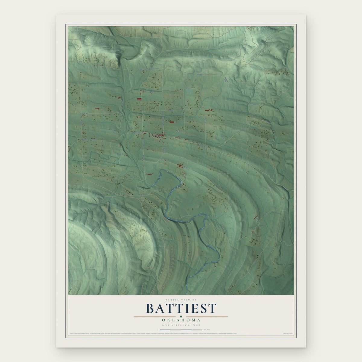 Battiest, Oklahoma map print, the full design