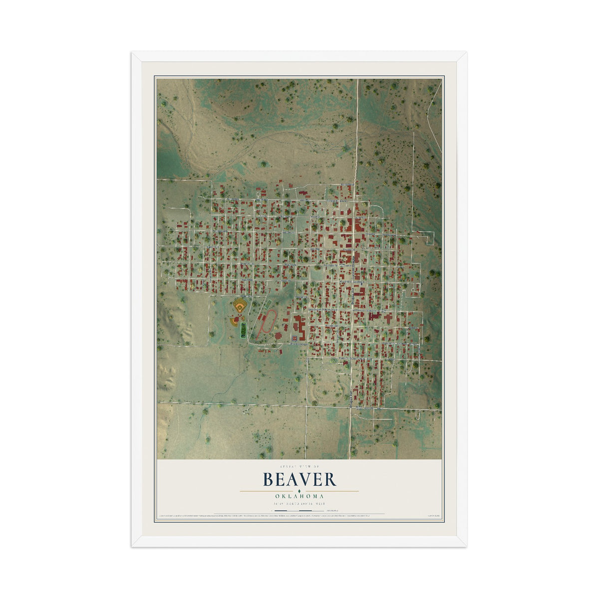 Map of Beaver, Oklahoma, 12 x 18 inch print in a white wood frame