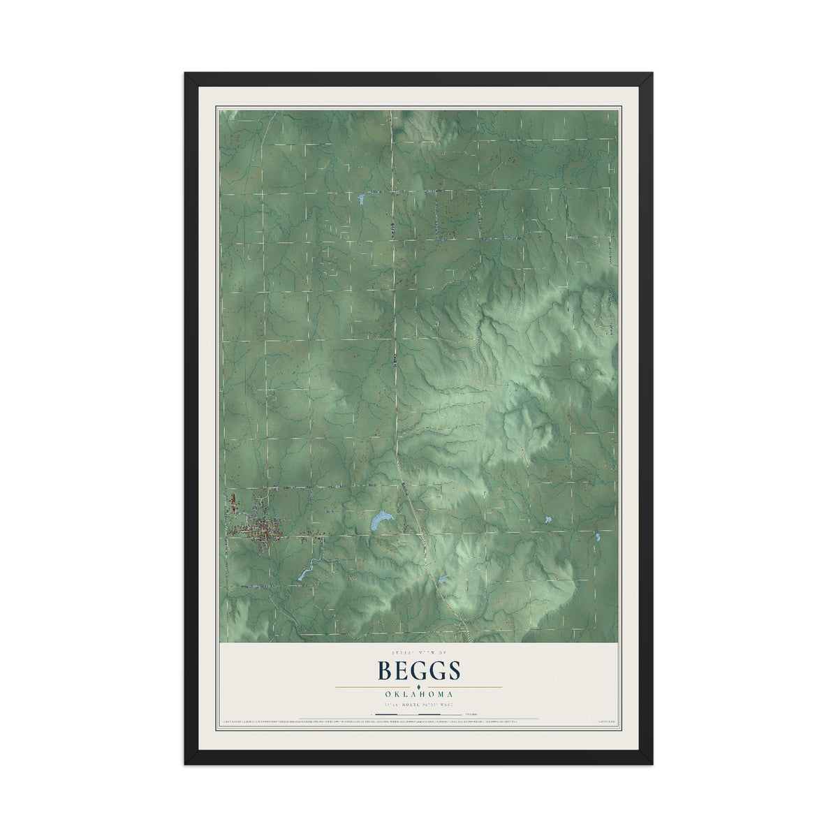Map of Beggs, Oklahoma, 12 x 18 inch print in a black wood frame
