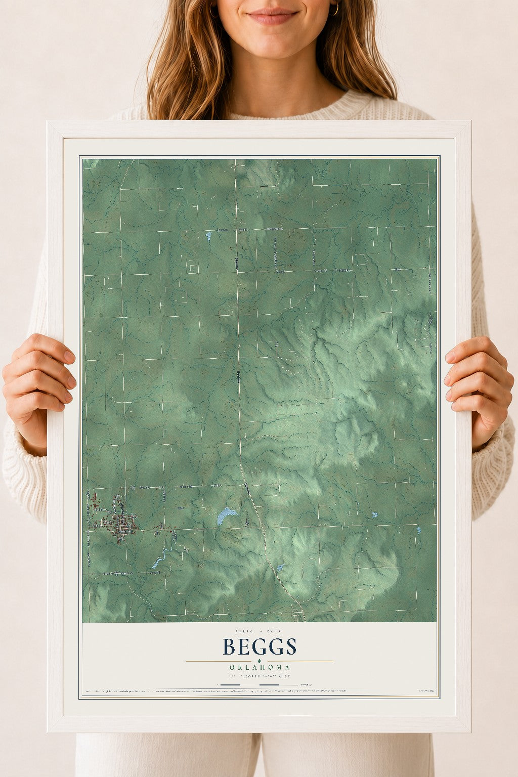 Map of Beggs, Oklahoma, 18 x 24 inch print in a white wood frame