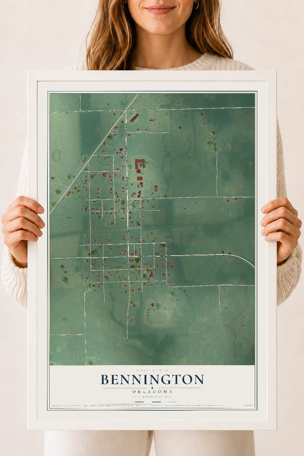 Map of Bennington, Oklahoma, 18 x 24 inch print in a white wood frame