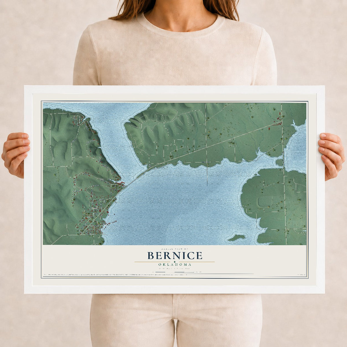 Map of Bernice, Oklahoma, 12 x 18 inch print in a white wood frame