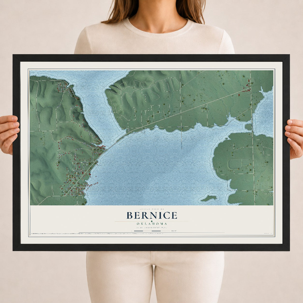 Map of Bernice, Oklahoma, 18 x 24 inch print in a black wood frame