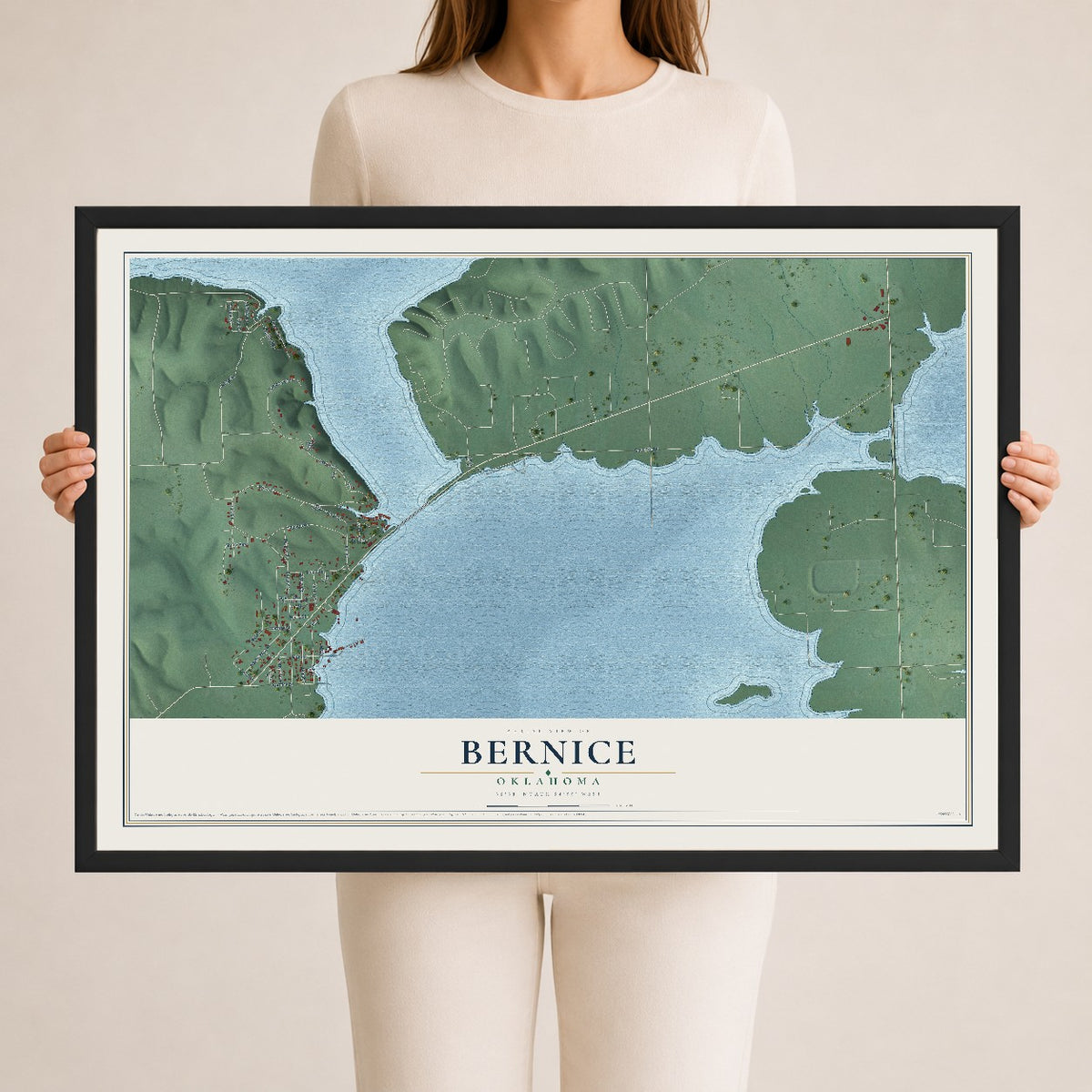 Map of Bernice, Oklahoma, 24 x 36 inch print in a black wood frame