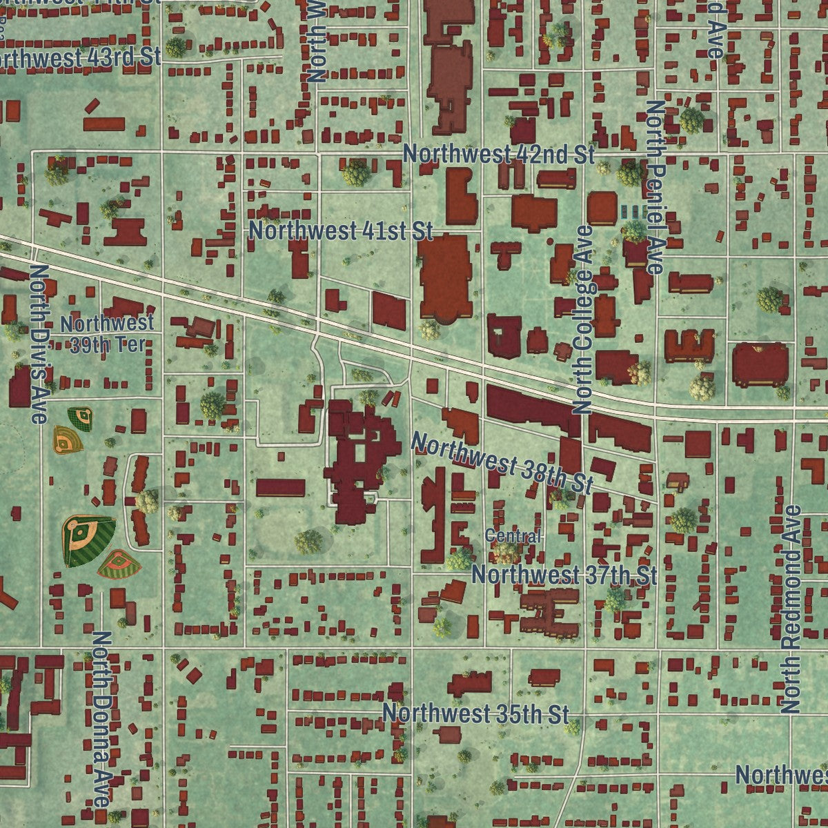 Close-up of the map of Bethany, Oklahoma print showing street and building detail