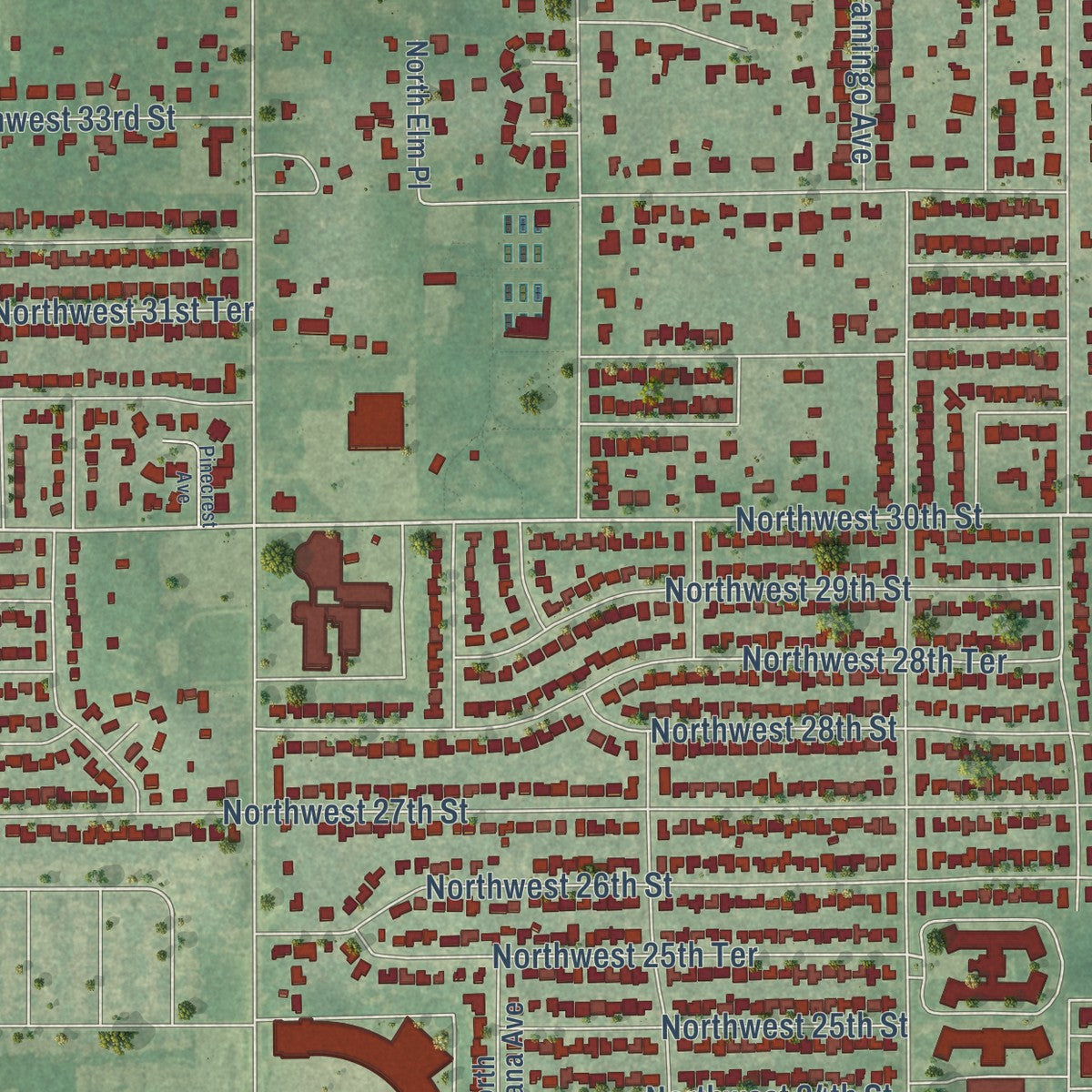 Second close-up of the map of Bethany, Oklahoma print showing more streets and buildings