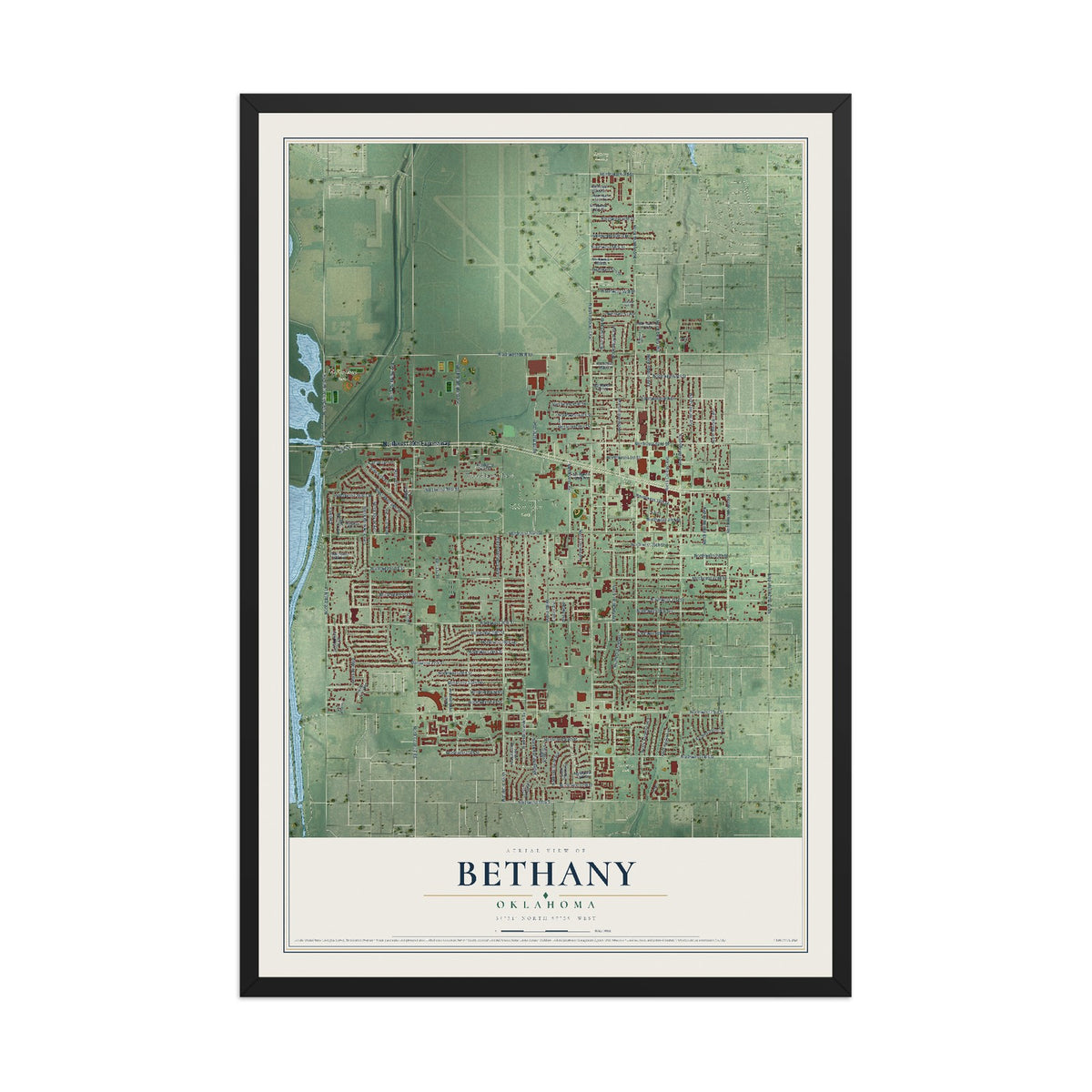 Map of Bethany, Oklahoma, 12 x 18 inch print in a black wood frame