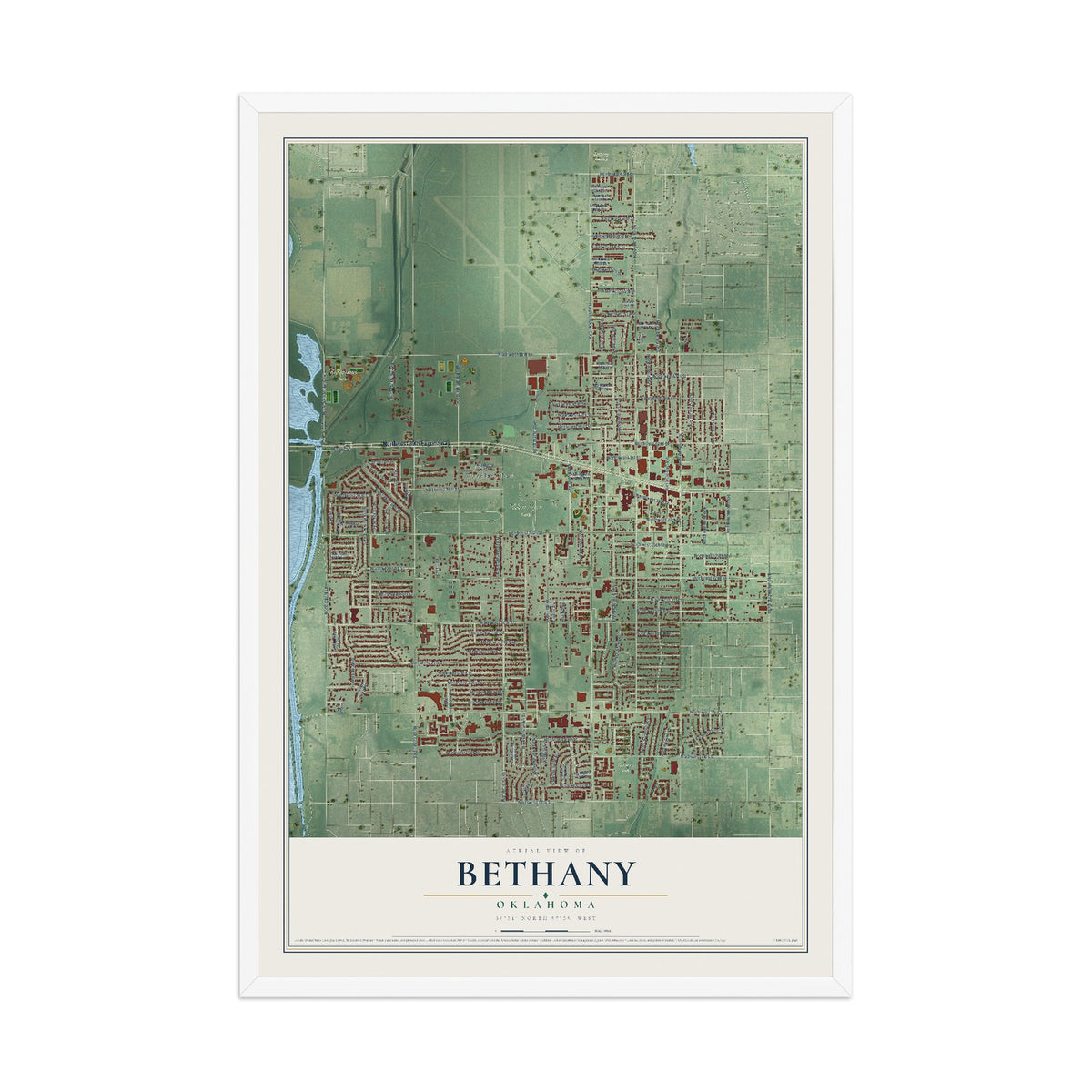 Map of Bethany, Oklahoma, 12 x 18 inch print in a white wood frame