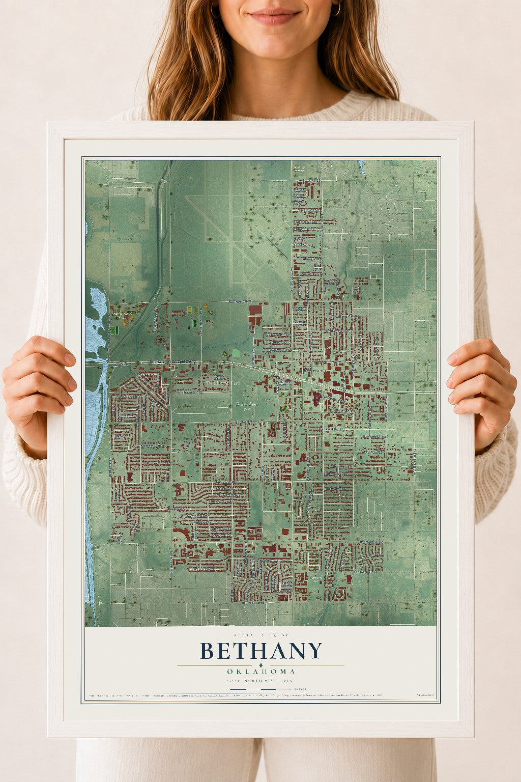 Map of Bethany, Oklahoma, 18 x 24 inch print in a white wood frame