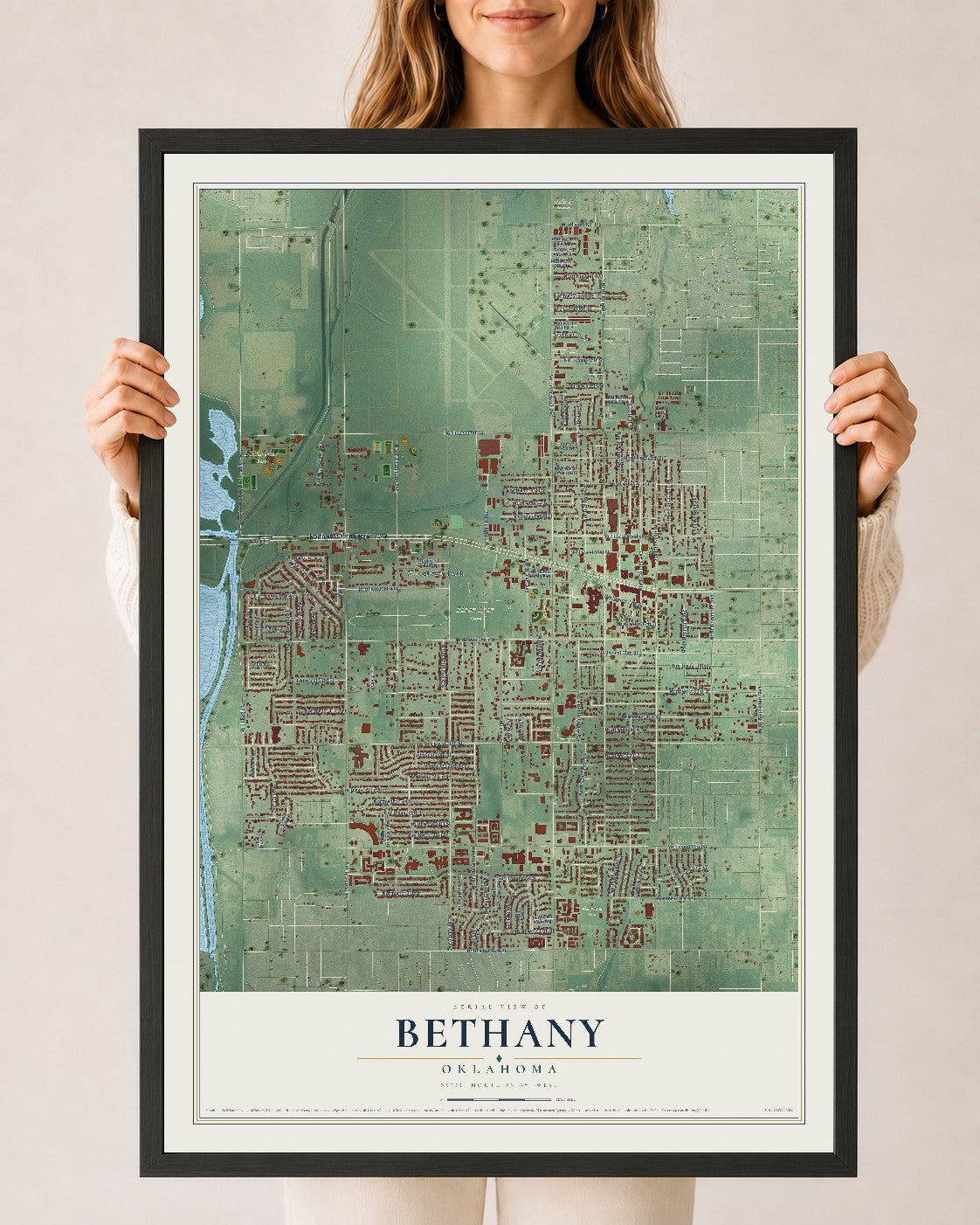Map of Bethany, Oklahoma, 24 x 36 inch print in a black wood frame