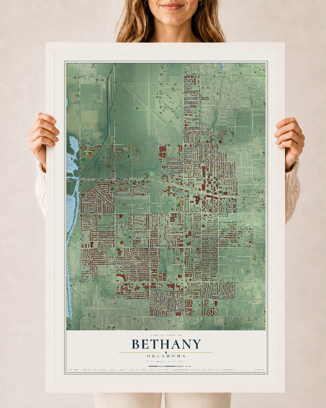 Map of Bethany, Oklahoma, 24 x 36 inch print in a white wood frame