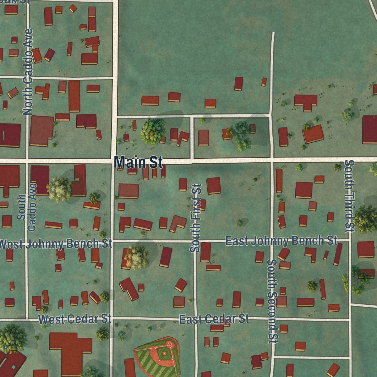 Close-up of the map of Binger, Oklahoma print showing street and building detail
