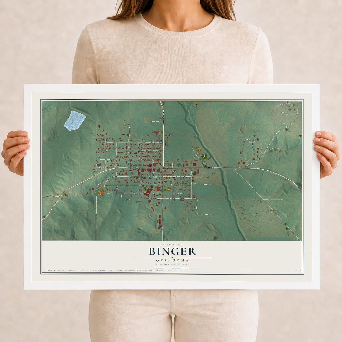 Map of Binger, Oklahoma, 12 x 18 inch print in a white wood frame
