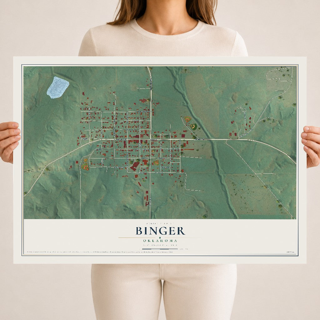 Map of Binger, Oklahoma, 18 x 24 inch unframed archival matte print