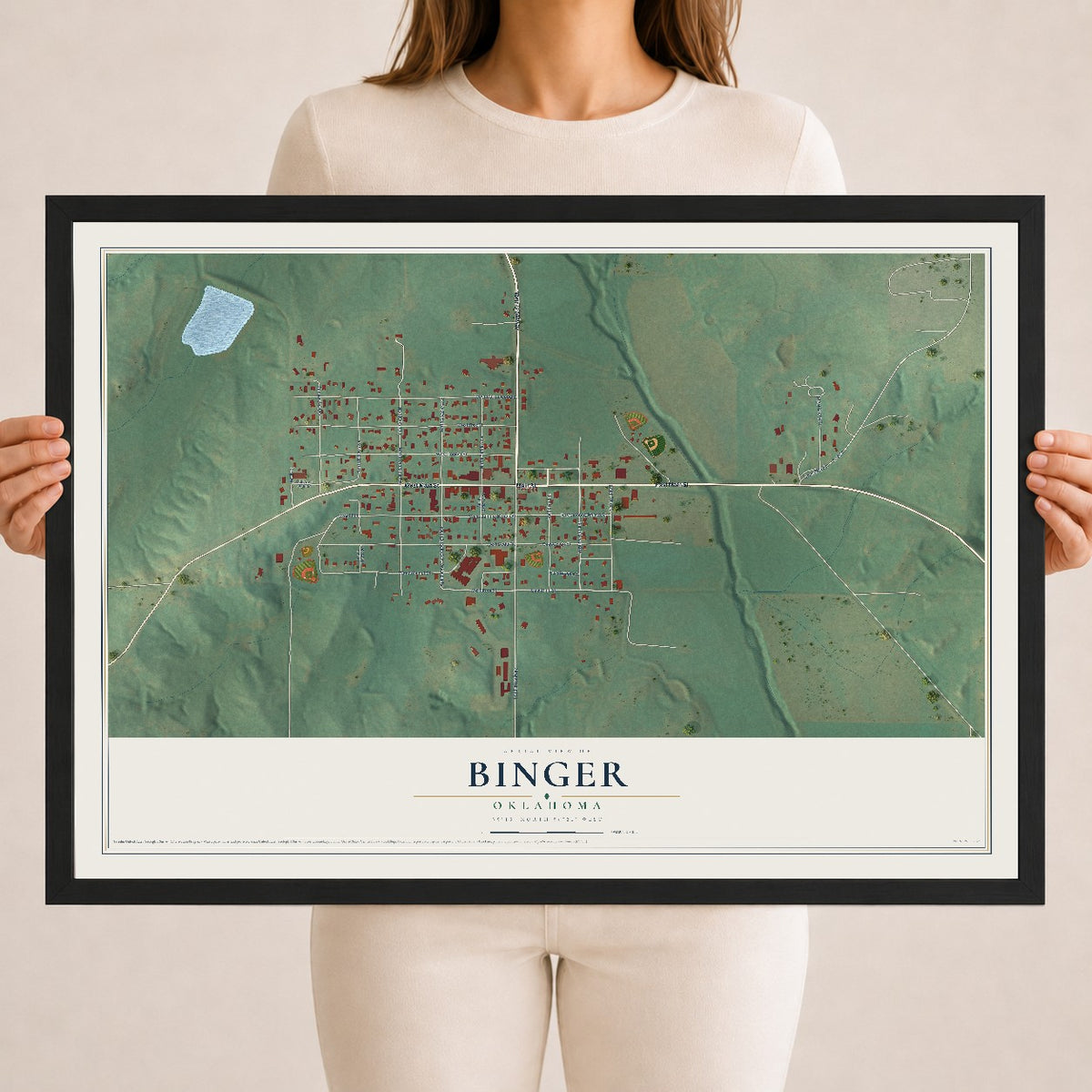 Map of Binger, Oklahoma, 18 x 24 inch print in a black wood frame
