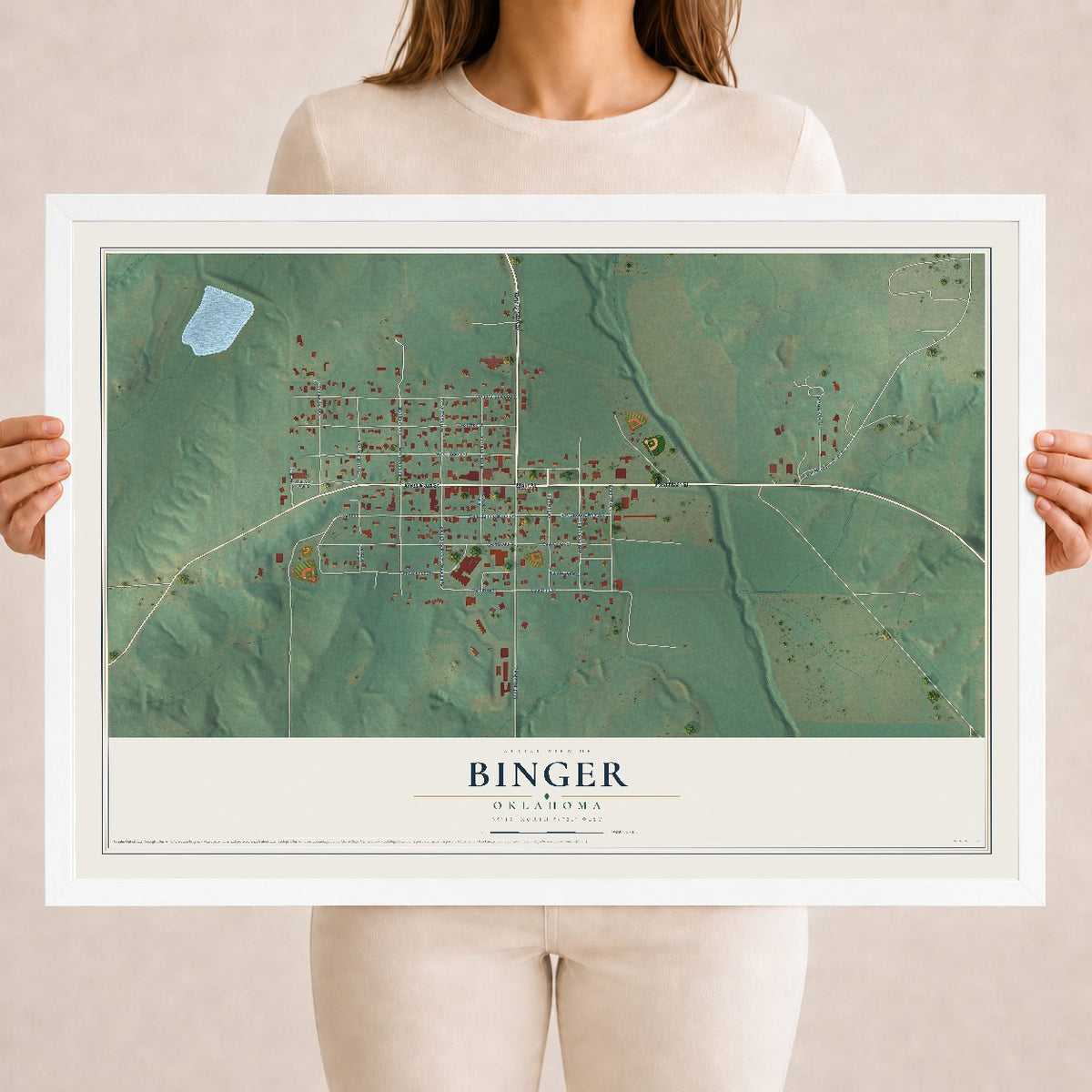Map of Binger, Oklahoma, 18 x 24 inch print in a white wood frame