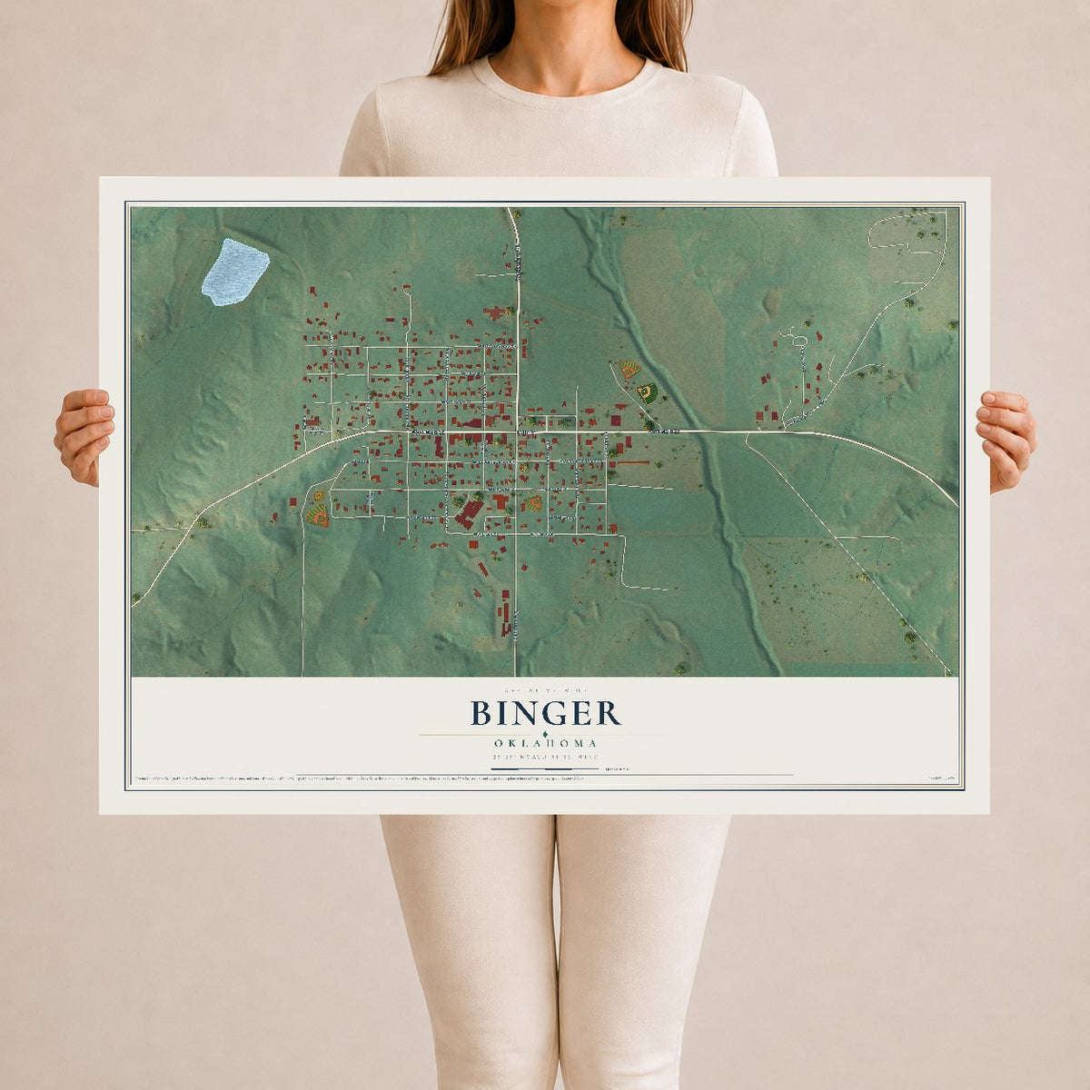 Map of Binger, Oklahoma, 24 x 36 inch unframed archival matte print