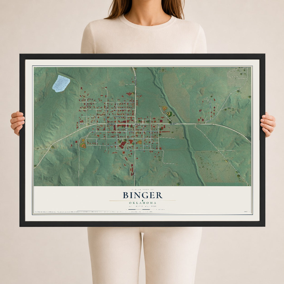 Map of Binger, Oklahoma, 24 x 36 inch print in a black wood frame